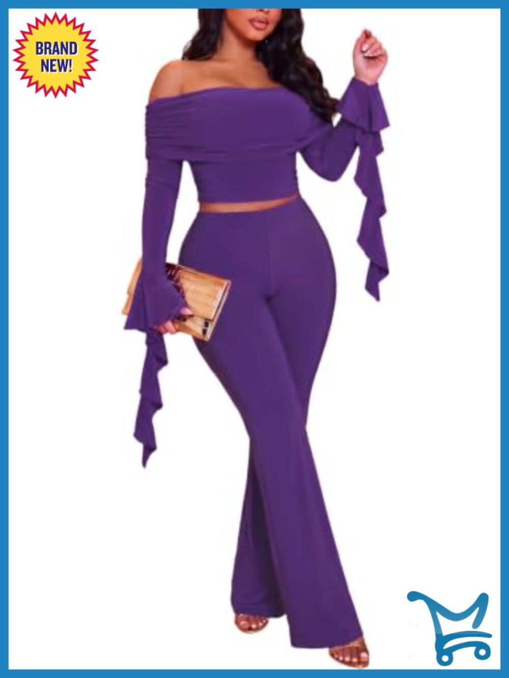 Women's Off Shoulder Ruffle Crop Top & Flare Pants 2 Piece Set